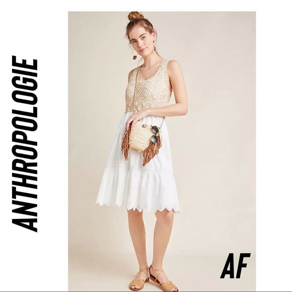 ANTHROPOLOGIE BECKET CROCHET EYELET DRESS NEW NWT SIZE 1 X TAN WHITE - Picture 1 of 14